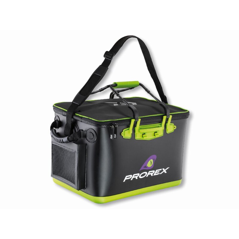 DAIWA Prorex Tackle Container XL 46x35x30cm with durable black and green design, adjustable shoulder strap, and secure zip closure for fishing gear storage.