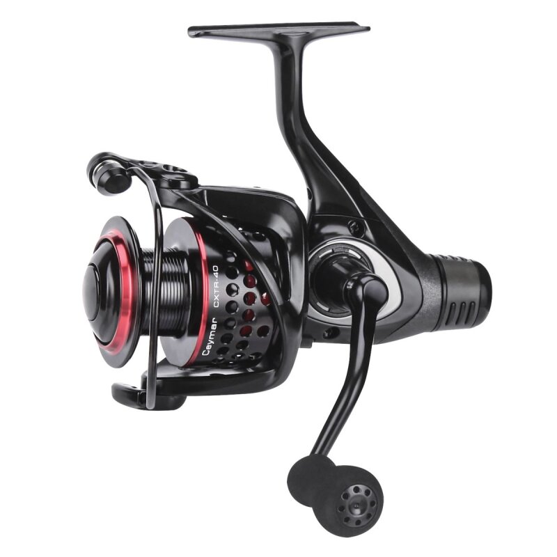 OKUMA Ceymar XT Spin 40 RD fishing reel with sleek black and red design, ergonomic handle, and precision spool for smooth casting.