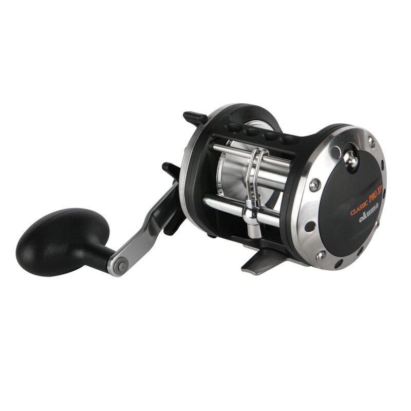 OKUMA Classic Pro XP Trolling 302C RH fishing reel with ergonomic handle, durable black and silver design, and precision components for trolling.