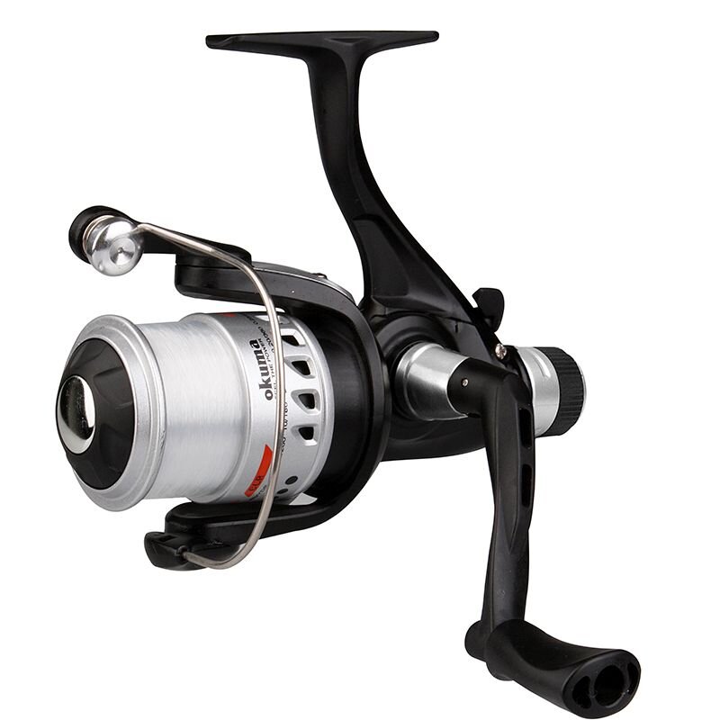 OKUMA Electron Rear Drag 130 fishing reel with sleek black design, ergonomic handle, and durable rear drag system for smooth performance.