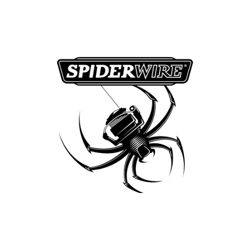 SpiderWire logo featuring bold text with a stylized spider illustration holding a fishing reel, symbolizing a brand renowned for durable and high-performance braided fishing lines