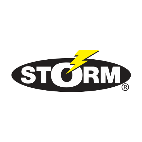 Storm logo featuring bold white letters on a black oval background, accented with a yellow lightning bolt striking through the 'O' for a dynamic and energetic design