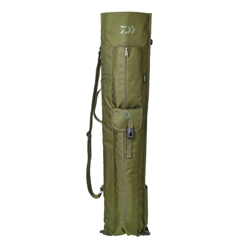 DAIWA Black Widow Quiver Holdall 132x32x2cm in olive green with multiple compartments, adjustable strap, and durable material for fishing gear storage.