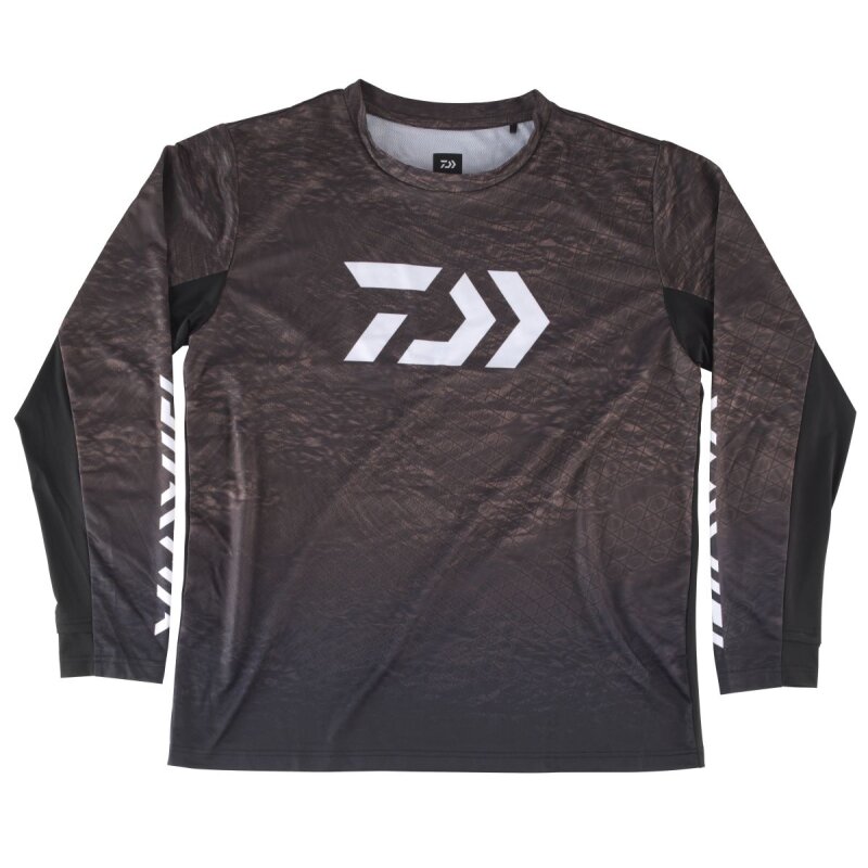 DAIWA D-Vec Sunprotection Longsleeve Shirt M Coyote featuring a sleek design with a dark coyote color and white logo accents, ideal for outdoor activities.