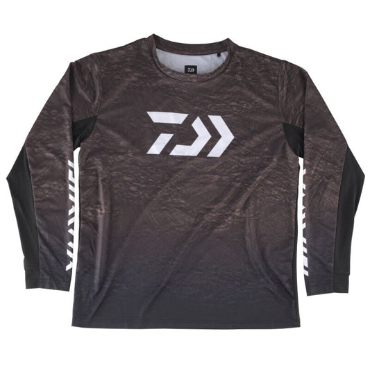 DAIWA D-Vec Sunprotection Longsleeve Shirt M Coyote featuring a sleek design with a dark coyote color and white logo accents, ideal for outdoor activities.