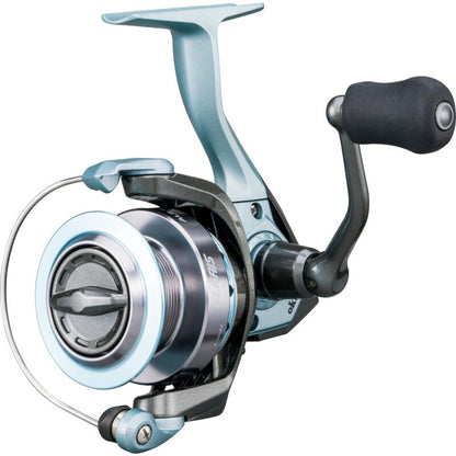 OKUMA Alaris Spin 55 fishing reel with sleek blue and silver design, ergonomic handle, and durable construction for freshwater and saltwater use.