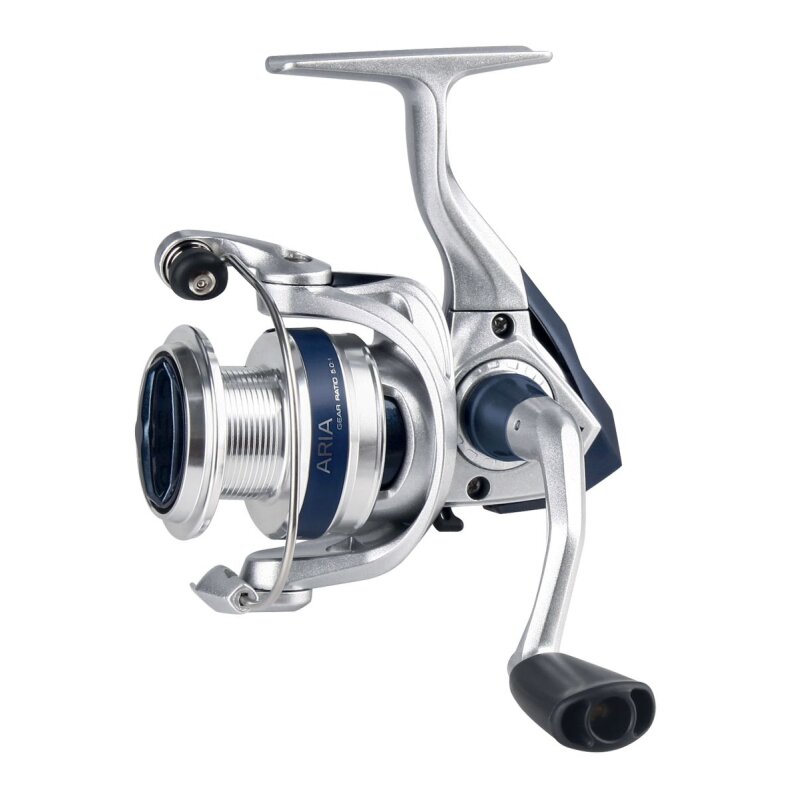 OKUMA Aria 'A' Spin 3000A fishing reel with a sleek silver and blue design, featuring a durable handle and smooth spool for efficient spinning.