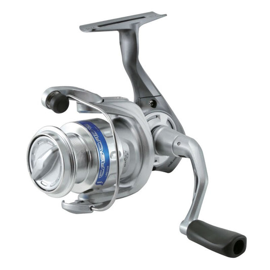 OKUMA Cascade FD Spin 65 fishing reel with a sleek silver design, ergonomic handle, and durable construction for freshwater and saltwater fishing.