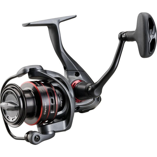 OKUMA Ceymar 8000A Spinning fishing reel featuring a sleek black and red design, ergonomic handle, and durable construction for freshwater and saltwater fishing.