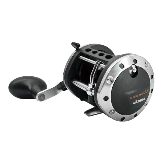 OKUMA Classic Pro XP Trolling 452C RH fishing reel with durable black and silver design, ergonomic handle, and precision components for trolling.
