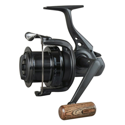 OKUMA Custom Black Spin 80 fishing reel with sleek black design, wooden handle grip, and durable metal construction for smooth performance.