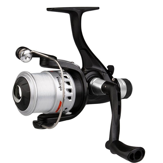 OKUMA Electron Rear Drag 140 fishing reel with sleek black design, ergonomic handle, and durable rear drag system for precision angling.