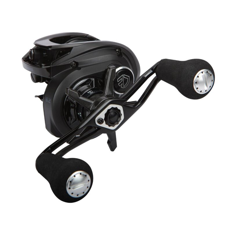 OKUMA Hakai DT LP Baitcast 101-A LH fishing reel with ergonomic dual handles, sleek black design, and precision components for left-handed anglers.