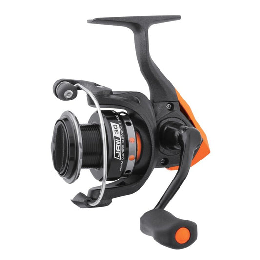 OKUMA Jaw Spin 30 fishing reel with ergonomic handle, durable black and orange design, and smooth spinning mechanism for anglers.