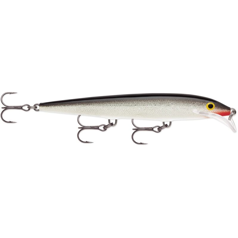 RAPALA Scatter Rap Minnow 11cm 6g Silver fishing lure with a sleek silver body, black back, red accent near the mouth, and three treble hooks.