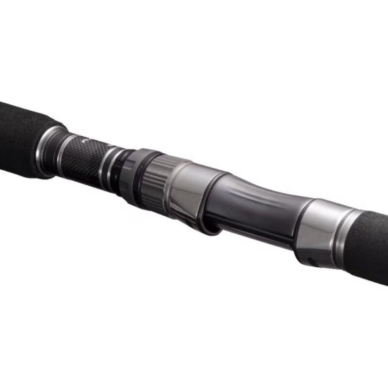 Close-up of SHIMANO Ocea Plug Flexdrive S83H fishing rod handle featuring a robust reel seat, carbon detailing, and comfortable grip for precision angling.